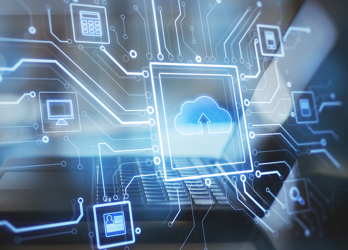 Close up of notebook computer at desktop with abstract glowing circuit cloud computing interface